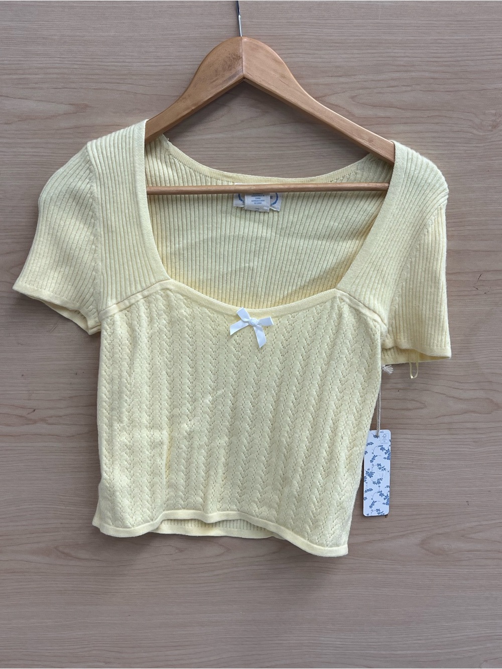 Square Neck Knit Crop Top with Bow in Pale Yellow